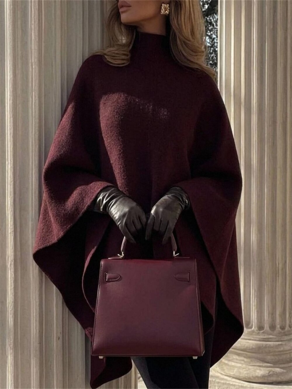 Burgundy Casual Women's Loose High Neck Drop Sleeve Pullover Plain Shawl Coat